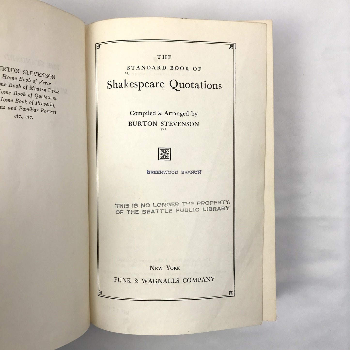 The Standard Book of Shakespeare Quotations Hardcover by Burton Stevenson 1953