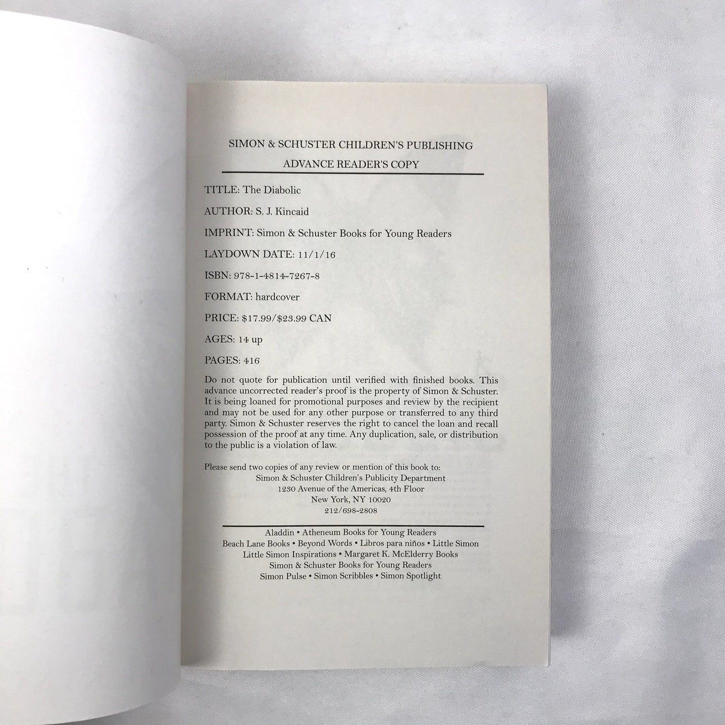 The Diabolic Advanced Readers Copy SIGNED Paperback Book by S.J. Kincaid