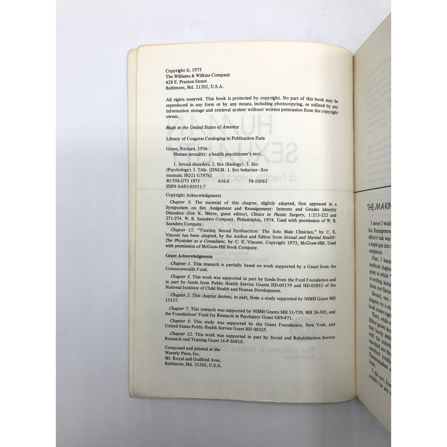 Human Sexuality: A Health Practitioner's Text Richard Green 1975 1st Edition PB
