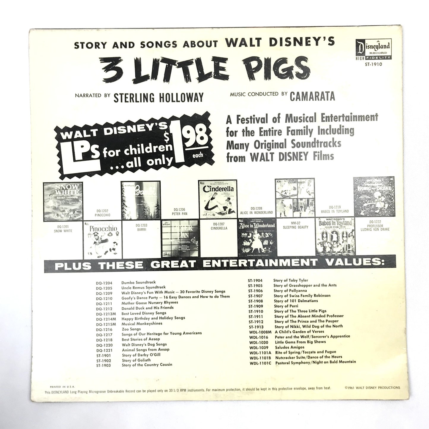 3 Little Pigs Story and Songs Sterling Holloway Walt Disney Childrens Vinyl LP
