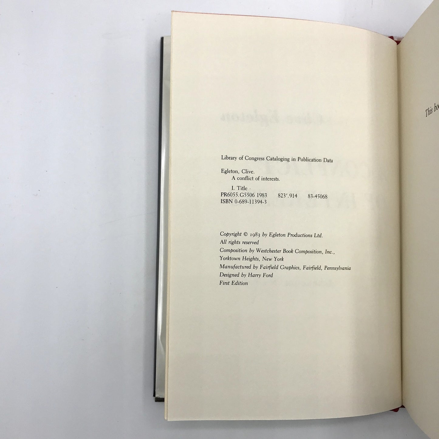 A Conflict of Interests Hardcover Book by Clive Egleton First Edition 1983