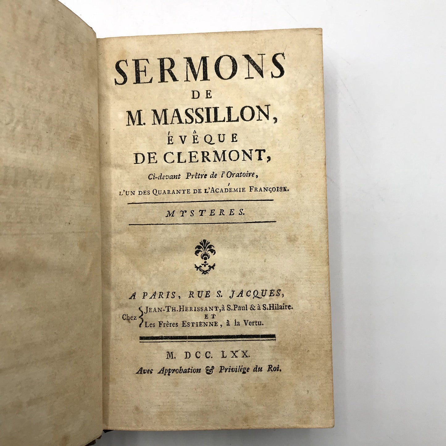 Sermons de Massillon Eveque de Clermont Mysteres Hardcover Religious Book 1770