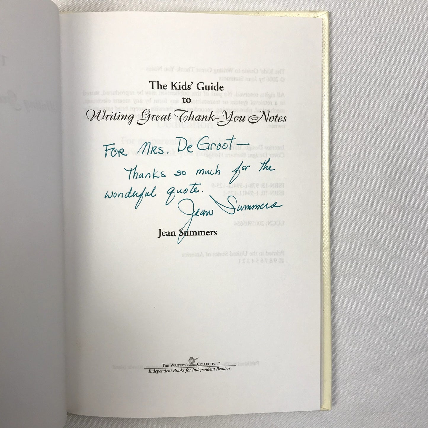 The Kids' Guide to Writing Great Thank-You Notes Signed Book by Jean Summers