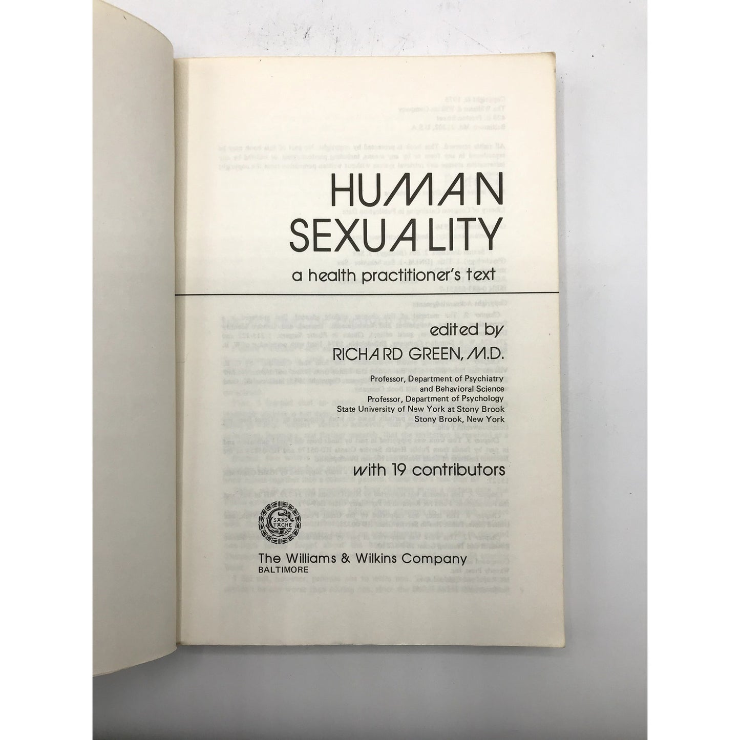 Human Sexuality: A Health Practitioner's Text Richard Green 1975 1st Edition PB