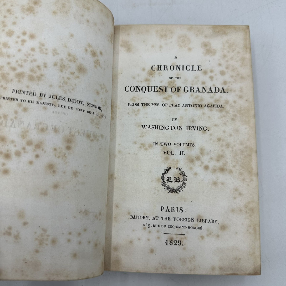 Conquest of Granada Irving 1829 2 Vol Set Paris Baudry History Spain 2 BOOK SET