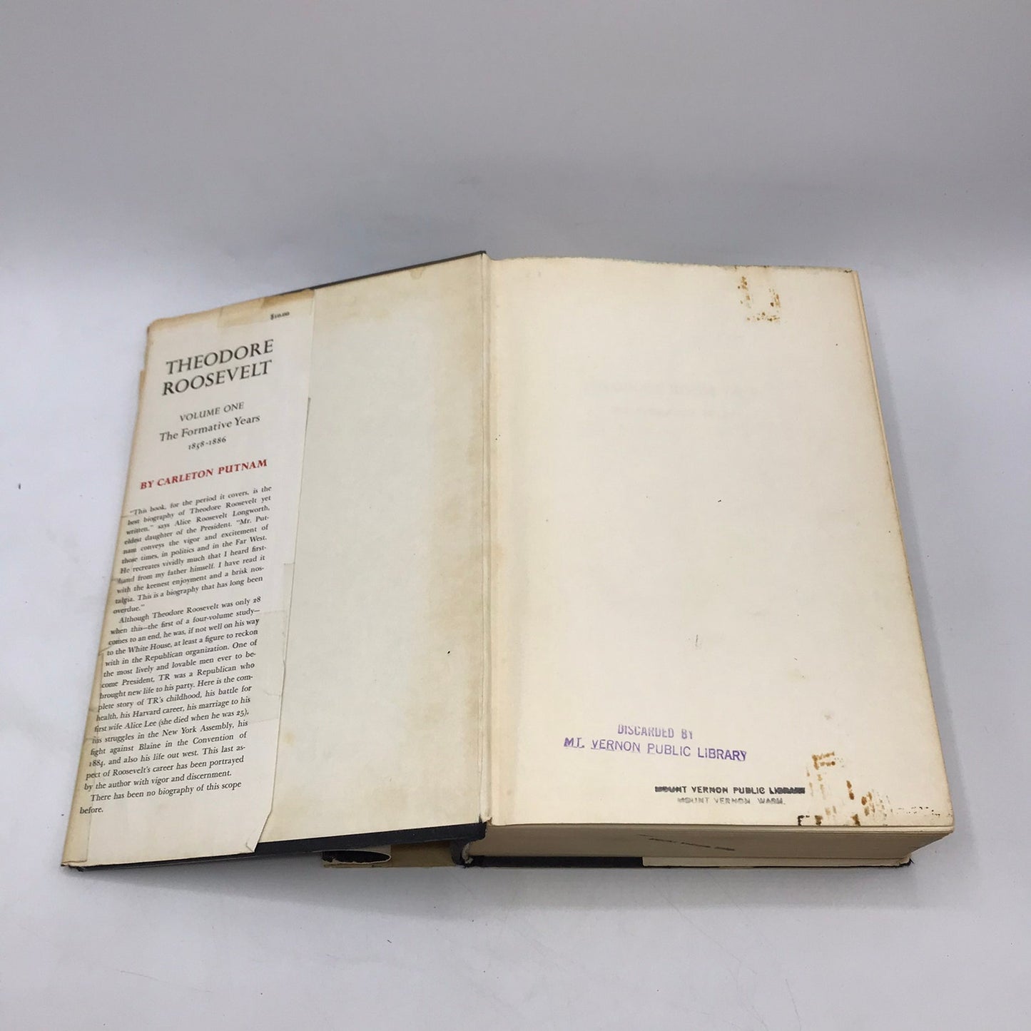 Theodore Roosevelt Vol 1 The Formative Years 1858-1886 Carleton Putnam Biography