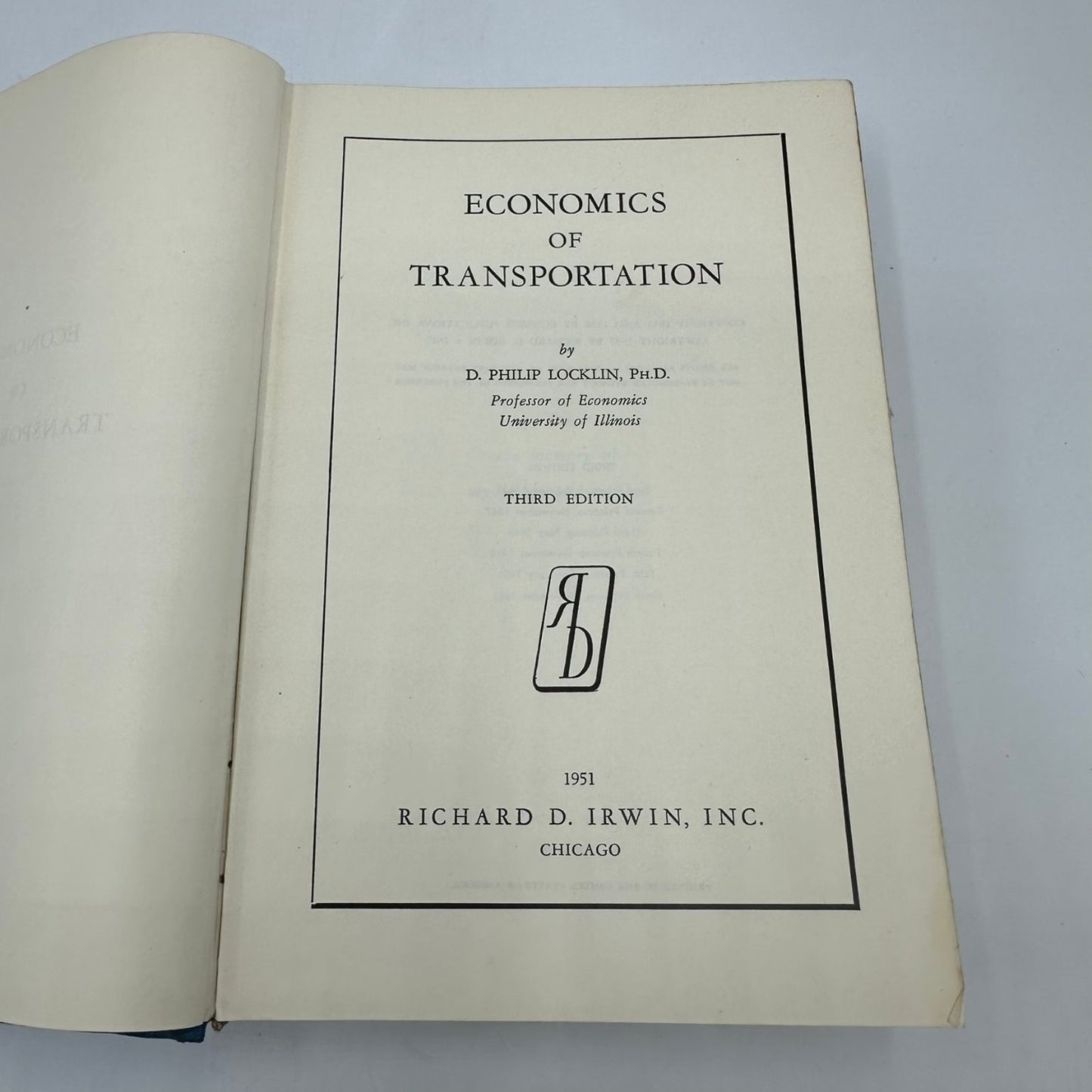 Economics of Transportation Locklin 1951 Third Edition Sixth Printing Irwin