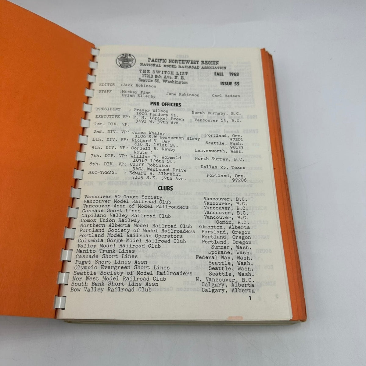 The Switch List PNR National Model Railroad Assoc 1963-1965 Vintage Spiral Bound