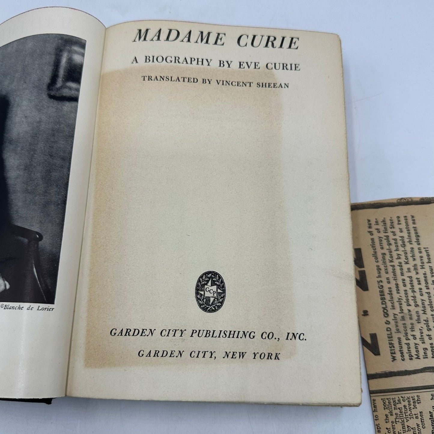 Madame Curie A Biography by Eve Curie 1943 Dust Jacket Science Garden City Pub