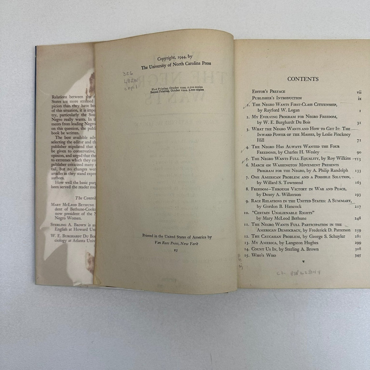 What the Negro Wants Logan Du Bois Hughes 1944 First Edition University NC Press
