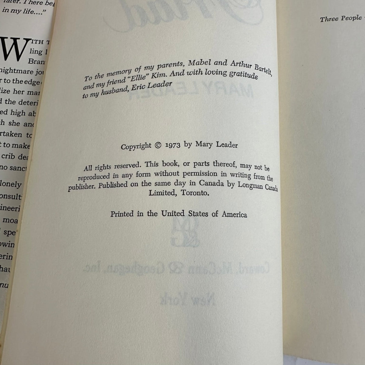 Triad Mary Leader 1973 Book Club Edition Supernatural Coward McCann