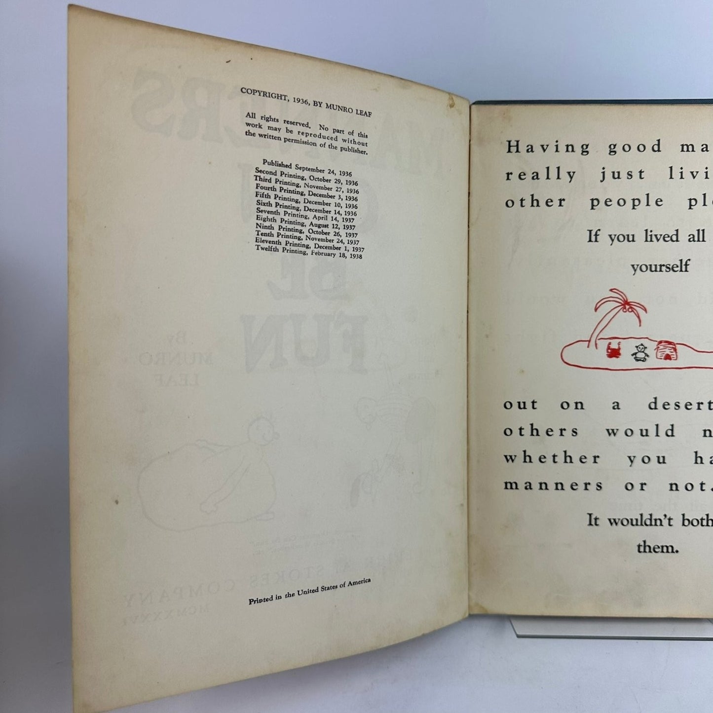 Manners Can Be Fun Munro Leaf 1936 1st Edition 12th Print Children's Illustrated