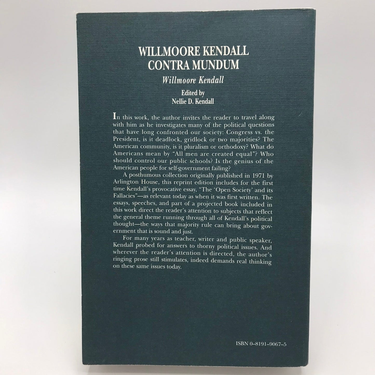 Willmoore Kendall Contra Mundum Signed Paperback Book 1994 History & Theory