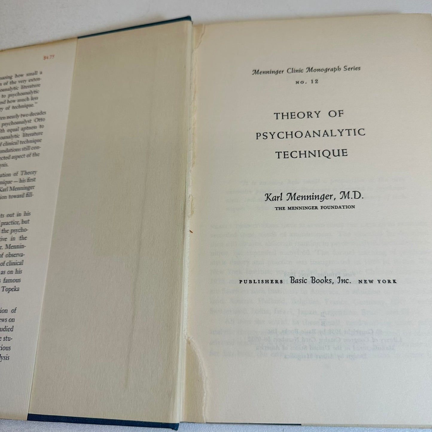 Theory of Psychoanalytic Technique Karl Menninger M.D. 1958 Psychoanalysis Basic
