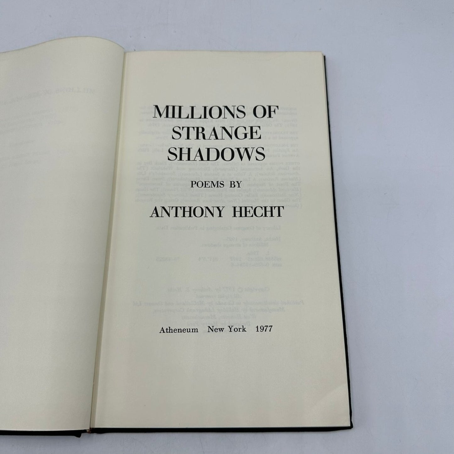 Millions of Strange Shadows Poems by Anthony Hecht 1977 Poetry Atheneum