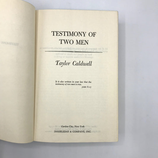 Testimony of Two Men Christian Novel Hardcover Book by Taylor Caldwell 1968