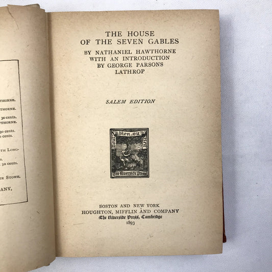 The House of the Seven Gables Novel by Nathaniel Hawthorne 1883 Salem Edition