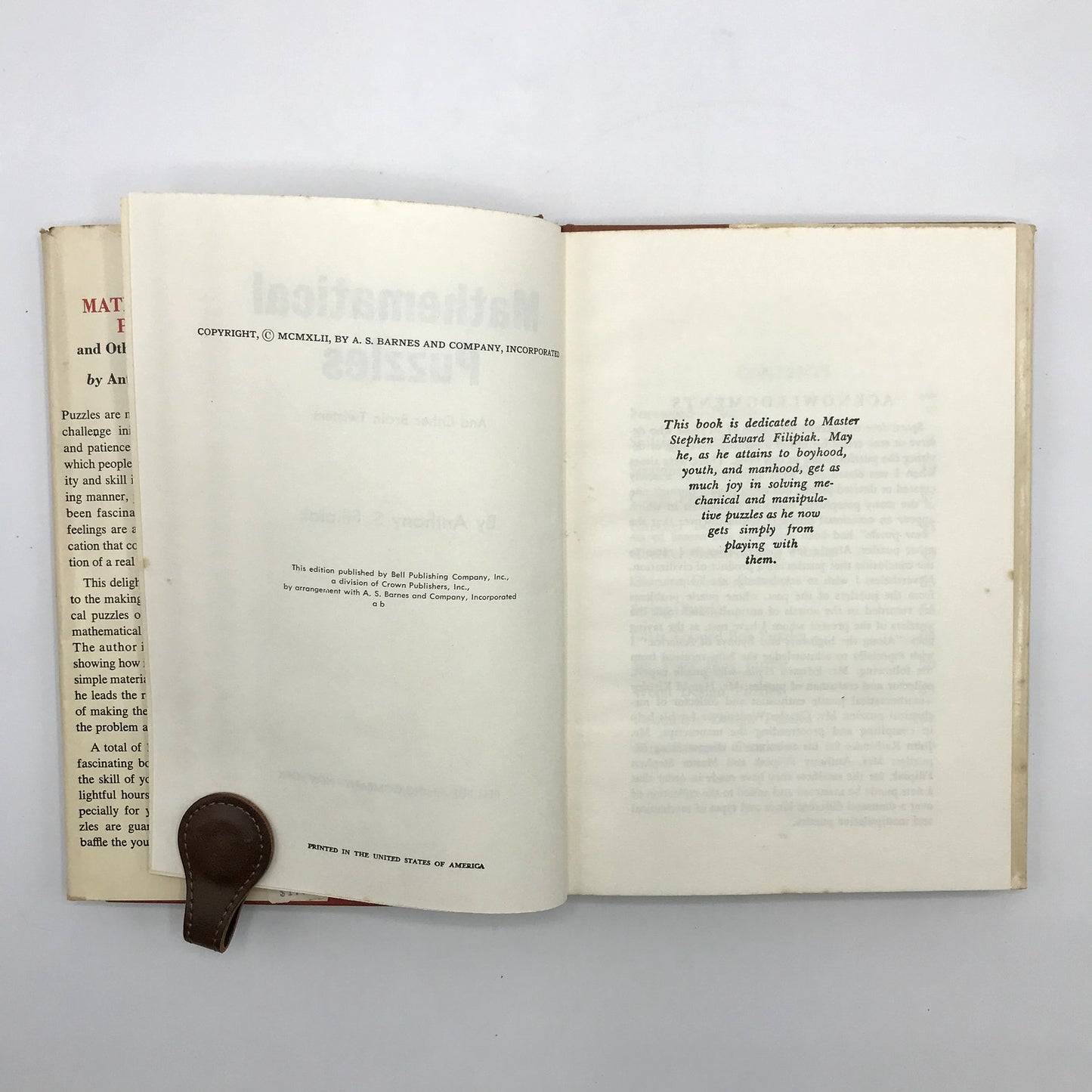 Mathematical Puzzles and Other Brain Twisters Hardcover Anthony S. Filipiak 1942