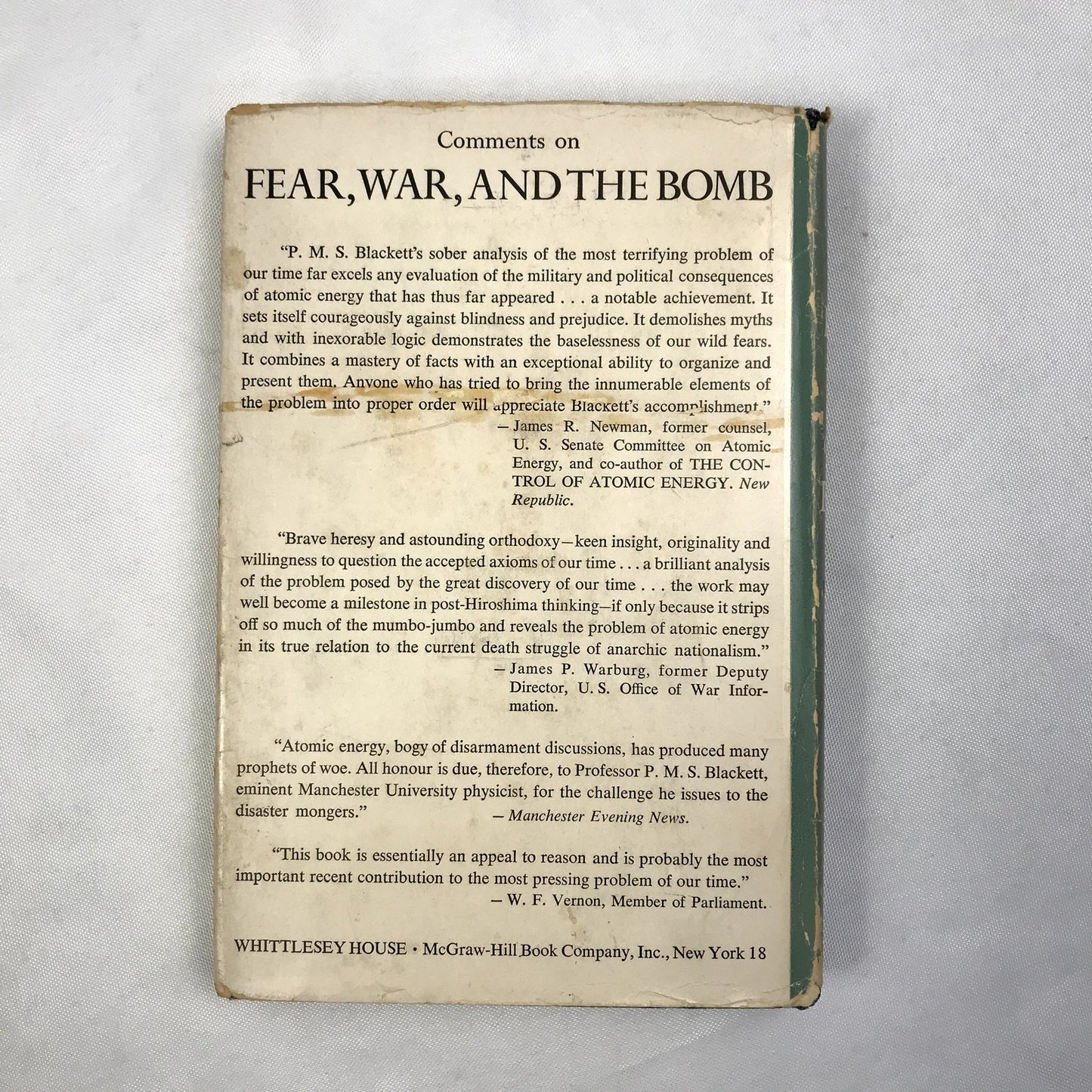 Fear, War, and the Bomb Hardcover Book by Patrick Maynard Stuart Blackett 1949