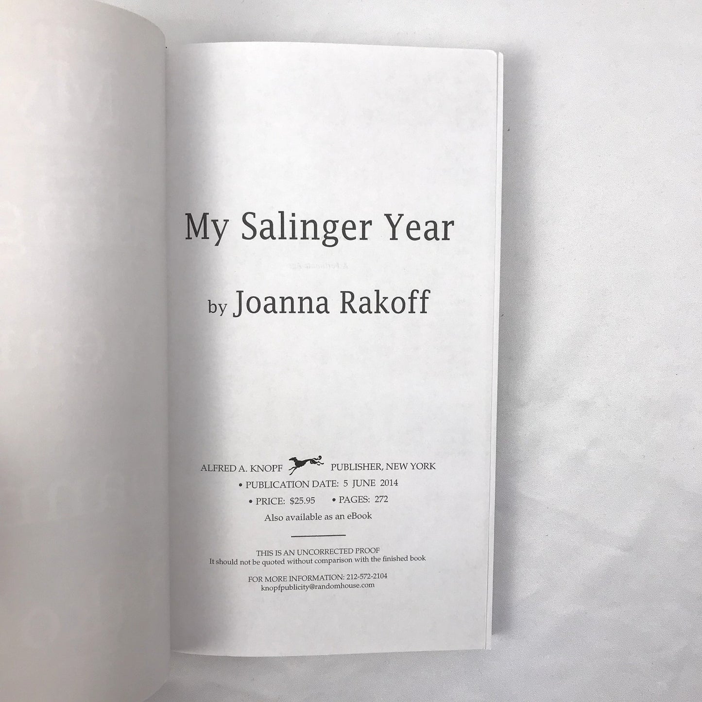 My Salinger Year Memoir Uncorrected Proof Paperback Book by Joanna Rakoff 2014