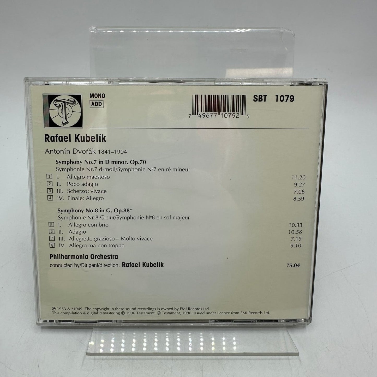 Kubelík Dvořák Symphonies 7 in D & 8 in G CD 1996 Classical Testament SBT 1079