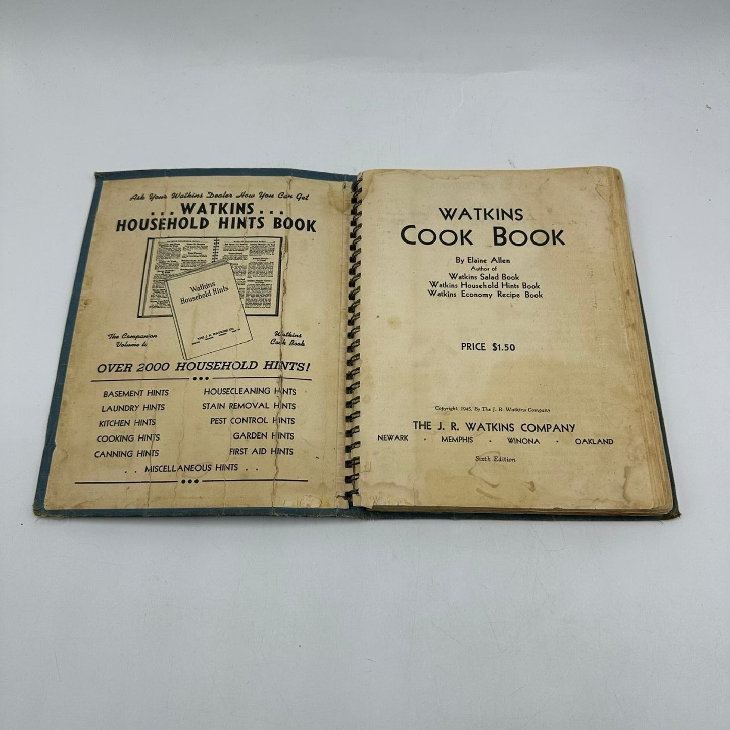 Watkins Cook Book Elaine Allen 1943 Sixth Edition Spiral Bound Recipes J.R
