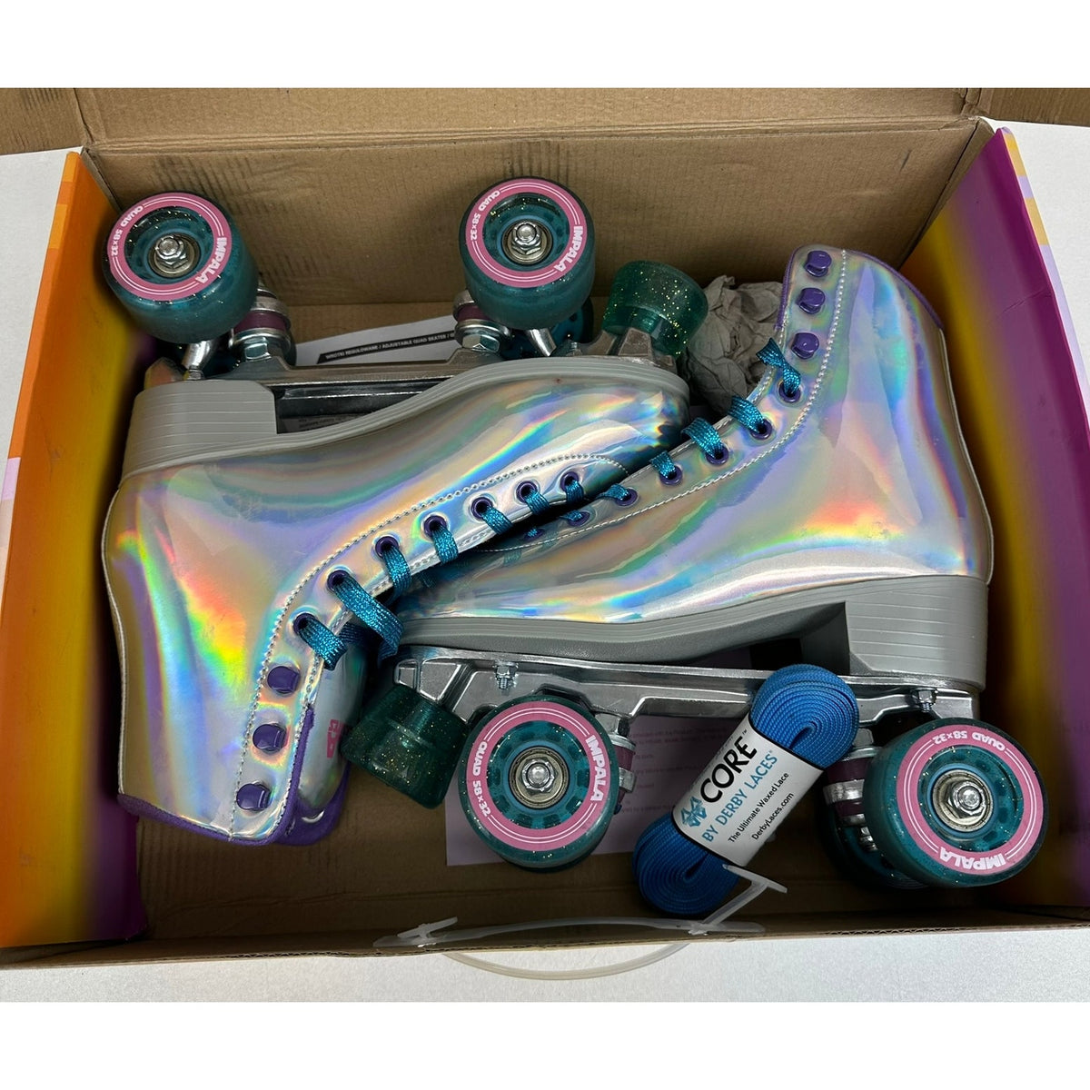 Impala Quad Roller Skates Womens US 7 Silver Holographic Retro Vegan Friendly