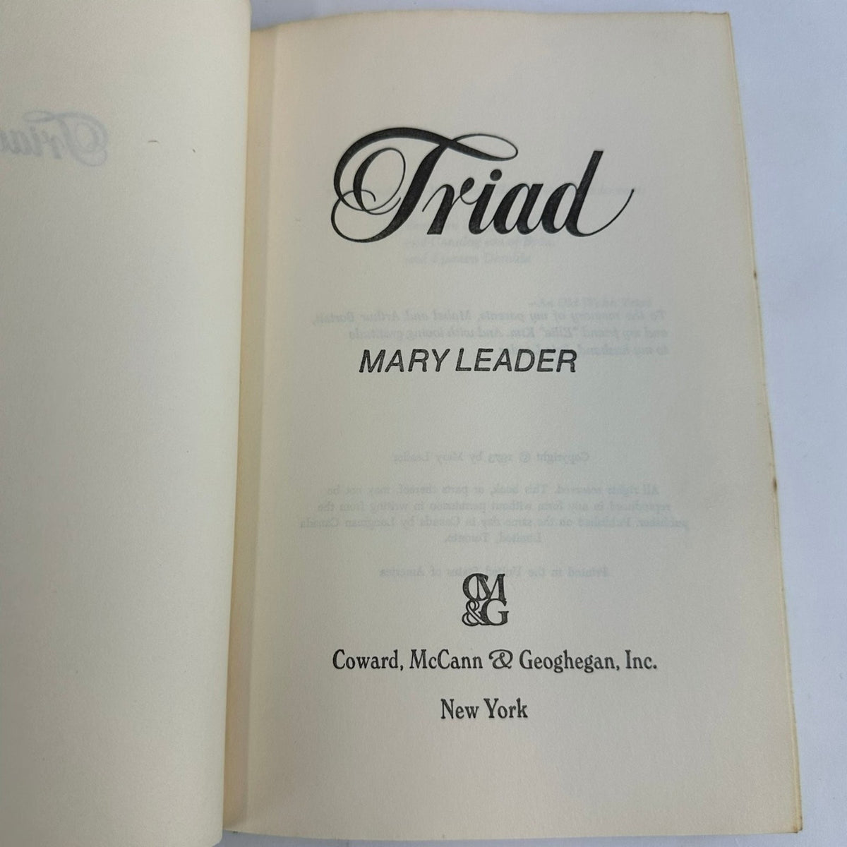 Triad Mary Leader 1973 Book Club Edition Supernatural Coward McCann