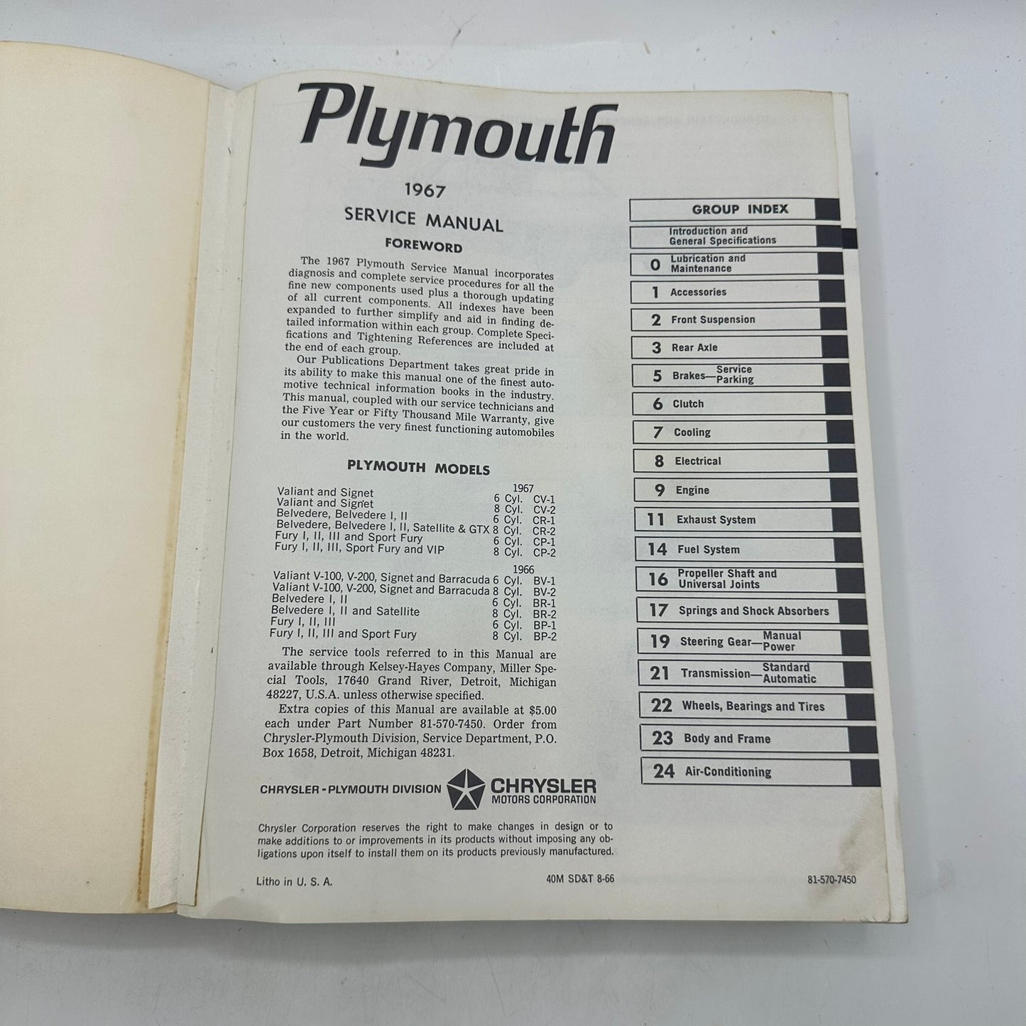 Plymouth OEM Service Manual 1967 Valiant Signet Belvedere Sport Fury Car Repair