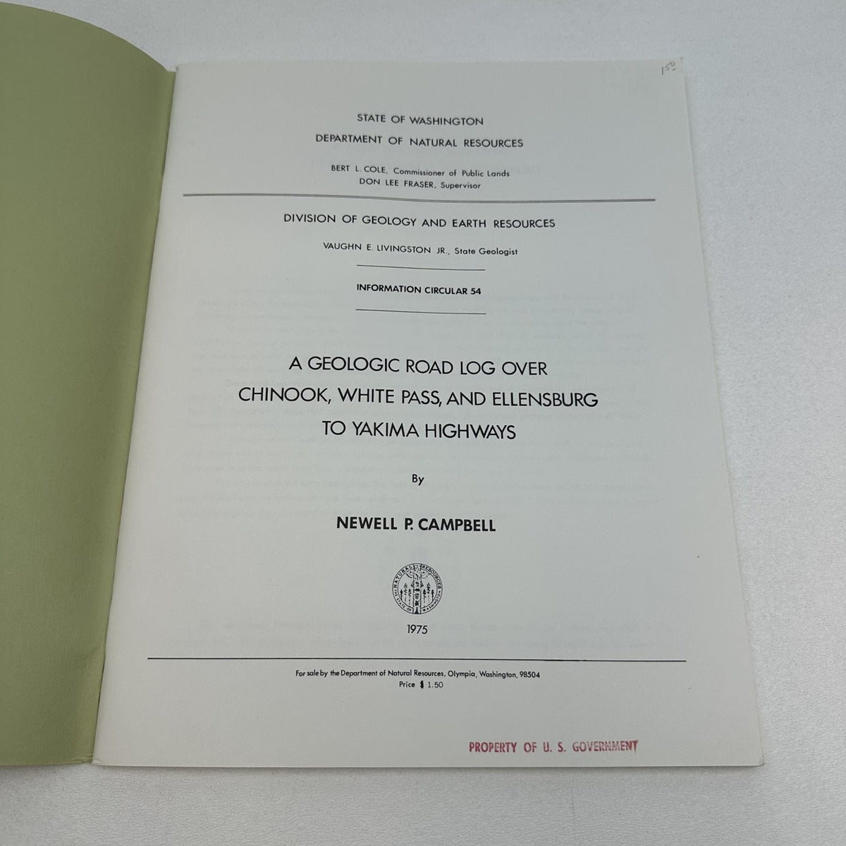 Geologic Road Log Chinook White Pass Ellensburg Yakima Highways Campbell 1975 WA