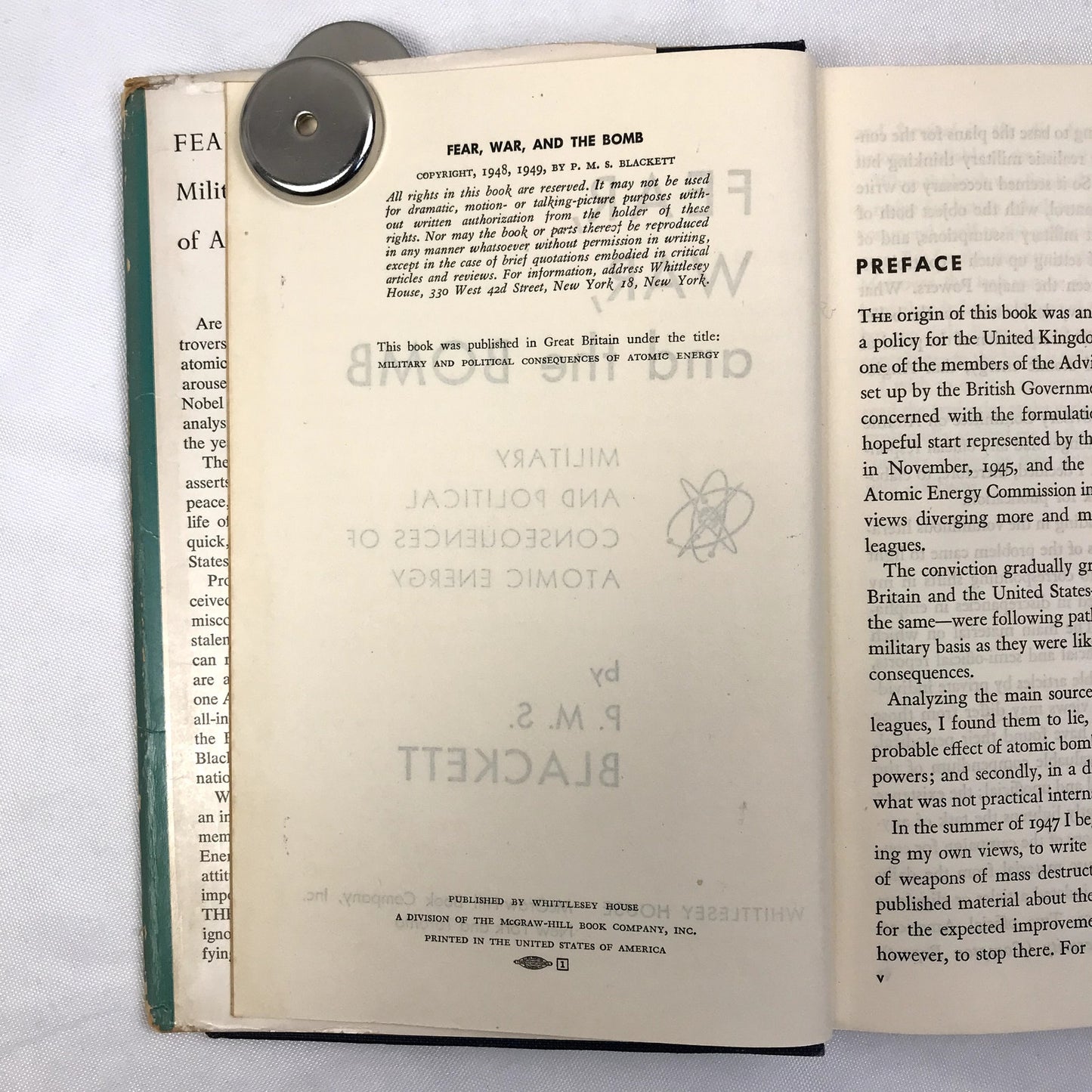 Fear, War, and the Bomb Hardcover Book by Patrick Maynard Stuart Blackett 1949