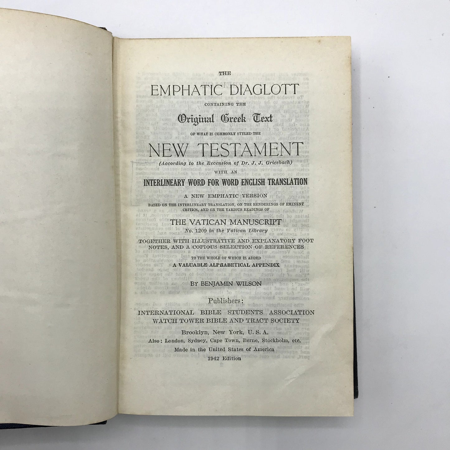 The Emphatic Diaglott Benjamin Wilson 1942 Illus HC Greek/English Interlinear NT