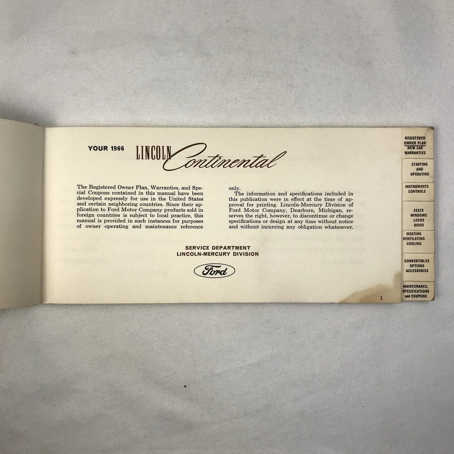 1966 Lincoln Continental Original Owner's Manual User Guide Starting & Operating