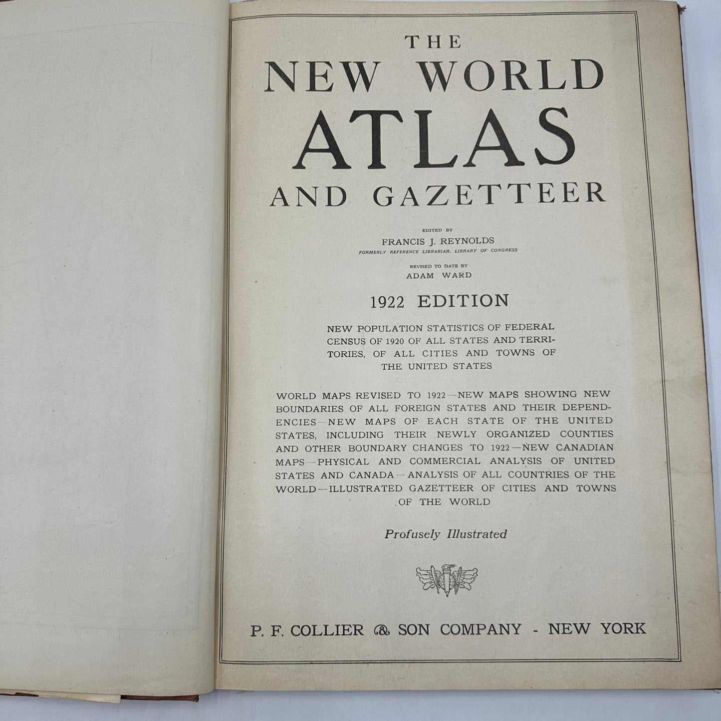 The New World Atlas and Gazetteer 1922 Edition Illustrated P.F. Collier