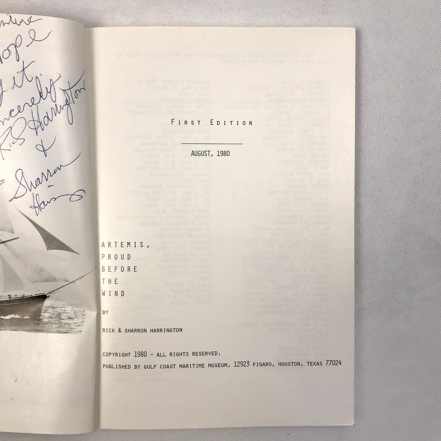 Artemis, Proud Before the Wind Rick & Sharron Harrington 1980 Signed 1st Edition