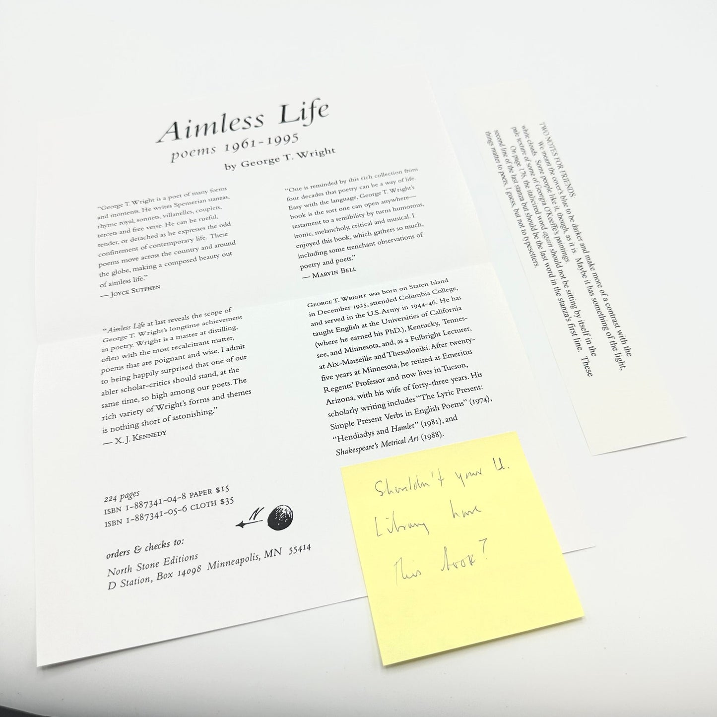 Aimless Life Poems 1961-1995 First Edition Inscribed by George "Ted" Wright 1999